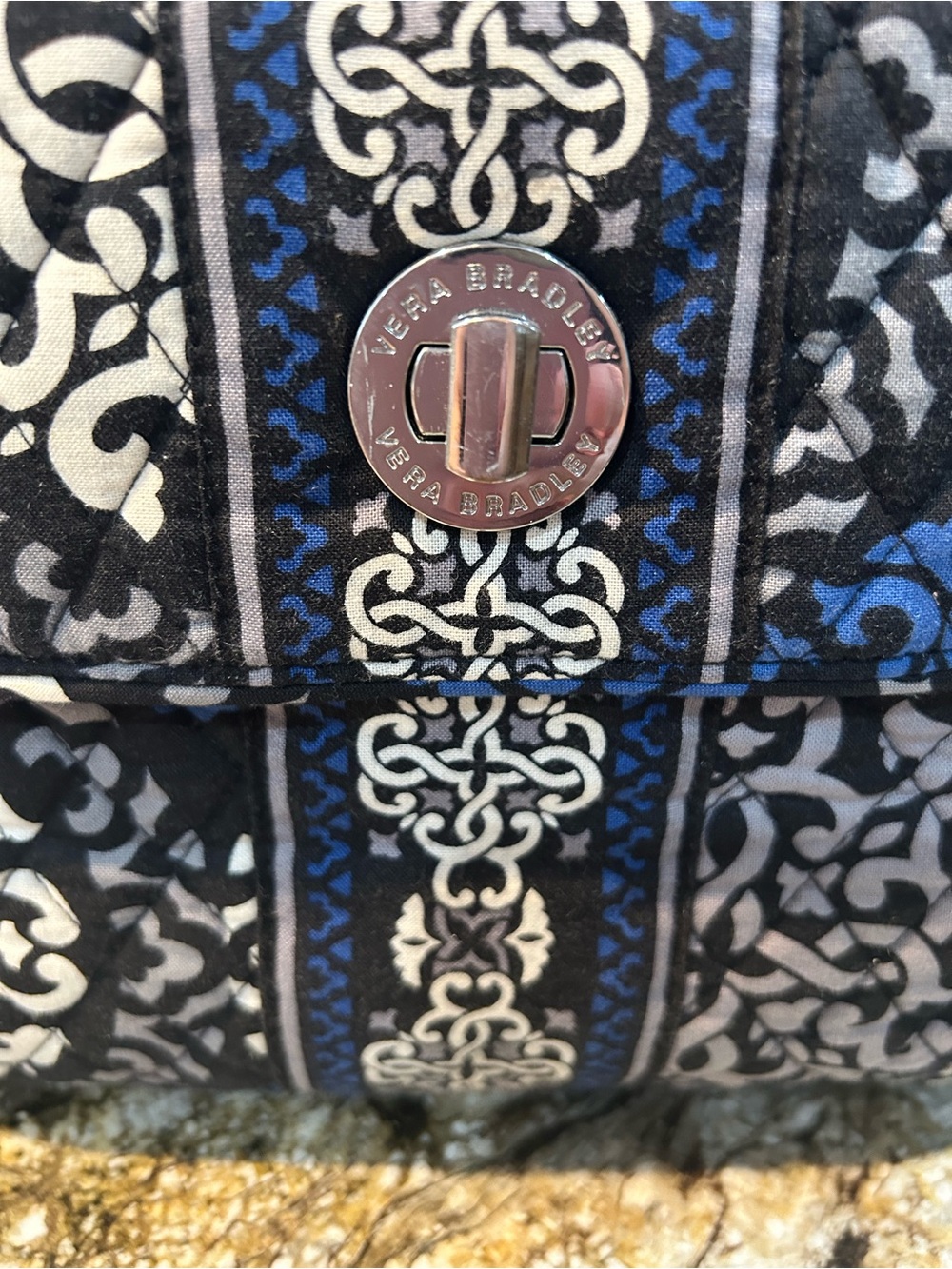 Vera Bradley Quilted Pattern Tote Bag in Black, White & Blue - Picture 2 of 7
